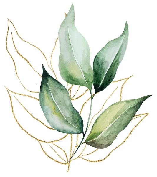 Green and Golden outlines botanical watercolor leaves illustration isolated,. Single Elements for summer wedding design, greeting cards and crafting