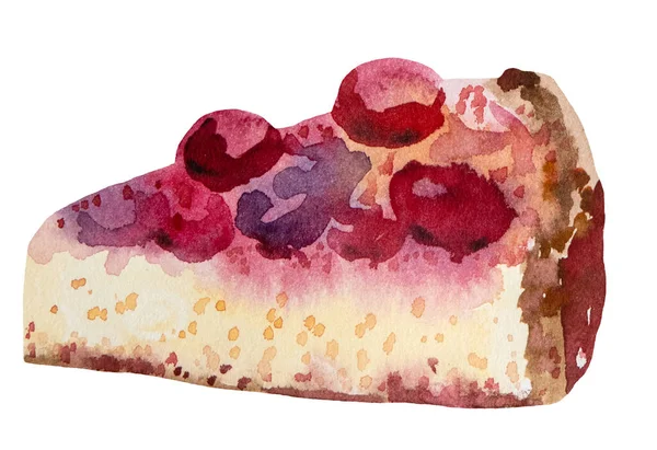 Piece of strawberry or cherry cheesecake with jam isolated watercolor illustration, baked goods.  Hand drawn tasty food Element for design, greeting cards and craftin