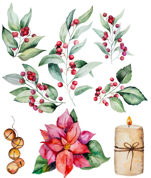 Christmas Colorful Watercolor Twigs Green Leaves Red Berries Bells Poinsettia — 스톡 사진