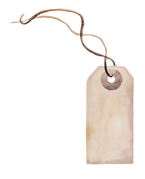 纸制礼品标签 带有绳子 孤立的水彩画 假日文具 新年工艺品的冬季元素 — 图库照片
