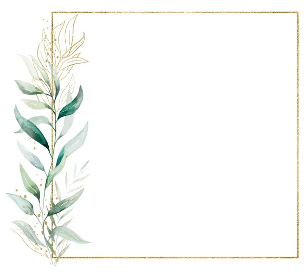 緑の水彩画の正方形の黄金のフレームは花束 孤立したイラスト コピースペースを残します ロマンチックな結婚式の文房具 挨拶カード 印刷や工芸品の植物水平要素 — ストック写真