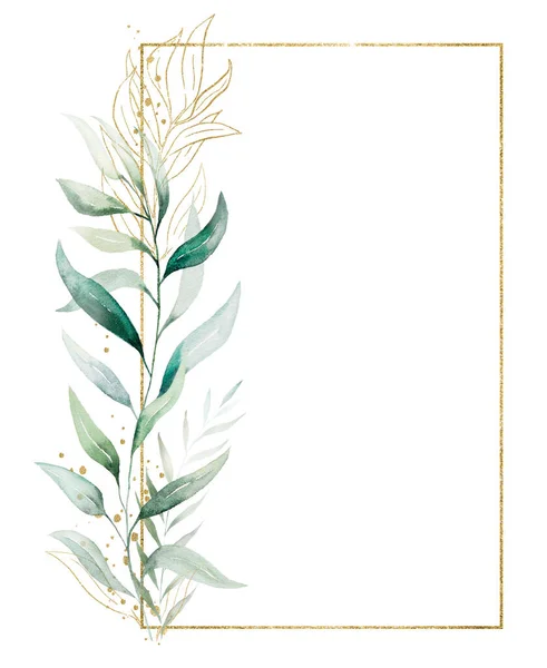 Rektangulär Gyllene Ram Med Gröna Akvarell Blad Bukett Isolerad Illustration — Stockfoto