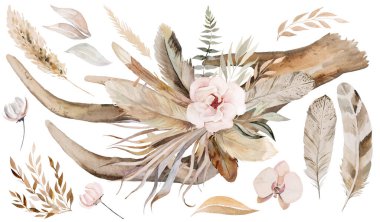 Bohem suluboya geyik boynuzları, bej rengi ve yeşil deniz mavisi buketi ile izole edilmiş illüstrasyon. Tropikal yapraklar ve çiçekler Boho veya düğün kırtasiyesi için etnik düzenlemeler