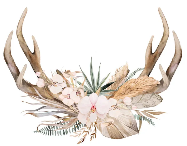 Watercolor Deer Antlers Bohemian Watercolor Beige Teal Green Bouquet Isolated — Stock Photo, Image