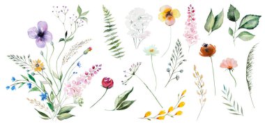 Floral bouquet made of colorful watercolor wildflowers and leaves illustration, isolated, copy space. Floral element for summer wedding stationery and greetings cards