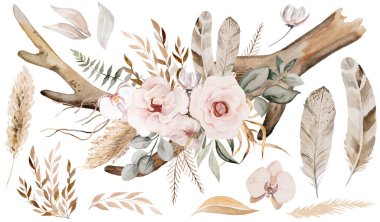 Bohem suluboya geyik boynuzları, bej rengi ve yeşil deniz mavisi buketi ile izole edilmiş illüstrasyon. Tropikal yapraklar ve çiçekler Boho veya düğün kırtasiyesi için etnik düzenlemeler