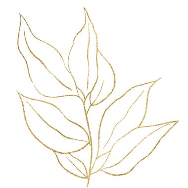Golden outlines botanical sparkling leaves illustration isolated,. Single Elements for summer wedding design, greeting cards and crafting
