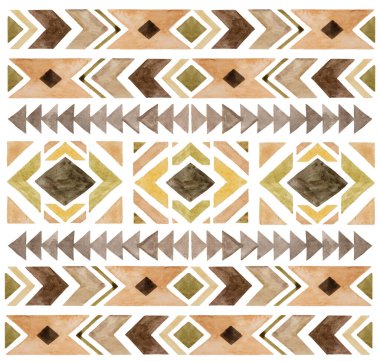 Watercolor tribal geometric elements and patterns, isolated illustration,  earthy colors.  Brown and beige Boho or ethnic ornament for wedding and greeting stationery and design