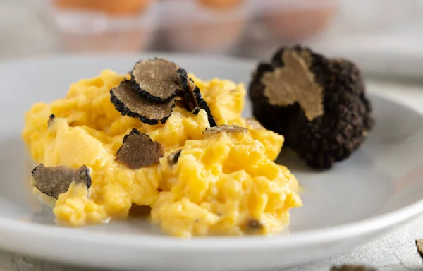 Scrambled Eggs Sliced Fresh Black Truffles Italy Served Plate Close — Stock Photo, Image