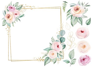 Square frame frame made of light pink watercolor flowers and light green leaves illustration, isolated. Pastel floral elements for romantic wedding stationery and greetings cards