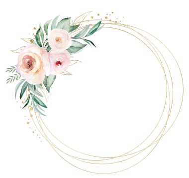 Round Frame frame made of light pink watercolor flowers and light green leaves illustration, isolated. Pastel floral elements for romantic wedding stationery and greetings cards
