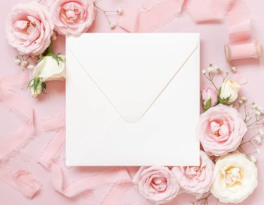Square envelope  between light pink roses and silk ribbons on pink top view,  wedding mockup. Romantic scene with vertical blank envelope and pastel flowers flat lay. Valentines, Spring or Mothers day concept