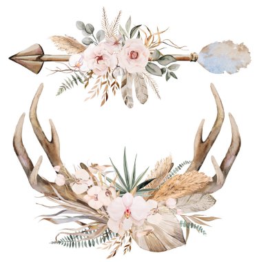 Watercolor arrow and deer antlers with Bohemian Watercolor beige and teal green bouquet isolated illustration.  Brown and beige Tropical leaves and flowers Boho or ethnic arrangement for wedding stationery