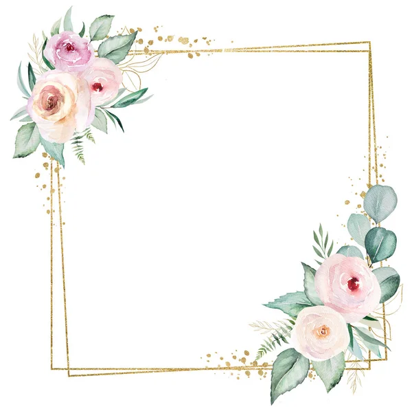 Square Frame frame made of light pink watercolor flowers and light green leaves illustration, isolated. Pastel floral elements for romantic wedding stationery and greetings cards