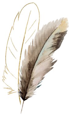 Suluboya bej ve altın rengi tüyler, Bohem çizimleri izole edilmiş. Boho, kabile veya etnik düğün kırtasiyesi, tebrik kartları, basım ve zanaat projeleri için tek renkli unsur