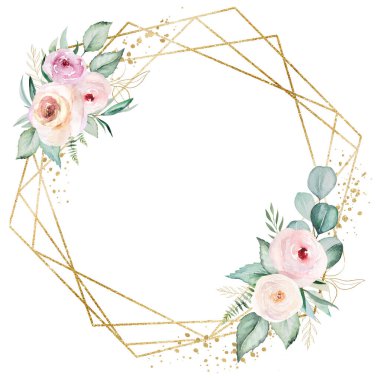 Round Frame frame made of light pink watercolor flowers and light green leaves illustration, isolated. Pastel floral elements for romantic wedding stationery and greetings cards