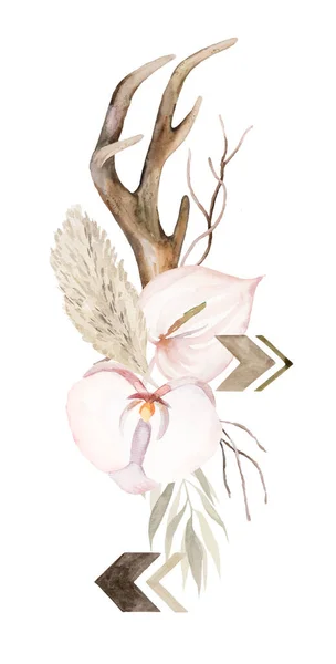 Watercolor Deer Antlers Tropical Bouquet Bohemian Isolated Illustration Beige Leaves — Stockfoto