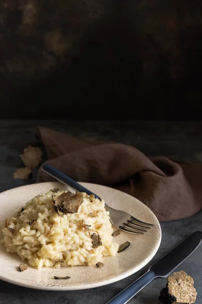Risotto Wild Porcini Mushrooms Black Truffles Italy Served Plate Close — Stock Photo, Image