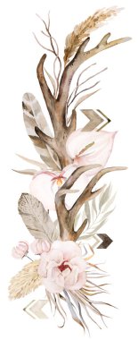 Bohem suluboya geyik boynuzları ile bej rengi ve yeşil deniz mavisi buketi ile izole edilmiş illüstrasyon. Tropikal yapraklar ve çiçekler Boho veya düğün kırtasiyesi için etnik düzenlemeler