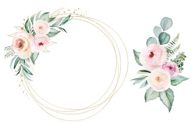 Round Frame and bouquet made of light pink watercolor flowers and light green leaves illustration, isolated. Pastel floral elements for romantic wedding stationery and greetings cards