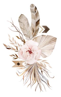 Watercolor tropical bouquet, Bohemian isolated illustration. Beige leaves, flowers and feathers, Boho or ethnic arrangement for wedding stationery