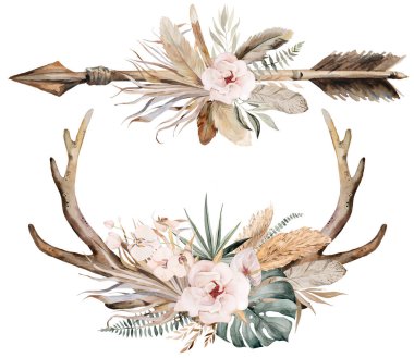 Watercolor arrow and deer antlers with Bohemian Watercolor beige and teal green bouquet isolated illustration.  Brown and beige Tropical leaves and flowers Boho or ethnic arrangement for wedding stationery