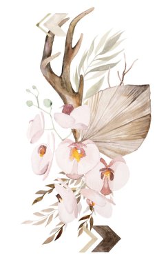 Watercolor deer antlers with tropical bouquet, Bohemian isolated illustration. Beige leaves and flowers, Boho or ethnic arrangement for wedding stationery