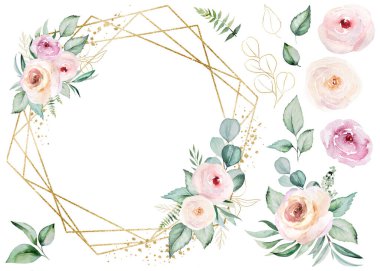 Round frame made of light pink watercolor flowers and light green leaves illustration, isolated. Pastel floral elements for romantic wedding stationery and greetings cards