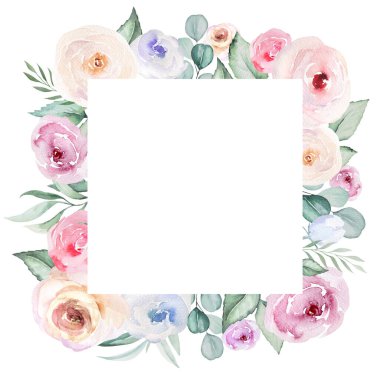 Square frame made of pink watercolor flowers and light green leaves, isolated wedding element. Pastel floral element for romantic wedding stationery and greetings cards