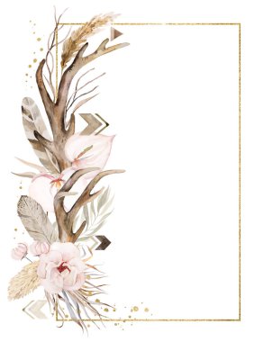 Golden frame with Watercolor deer antlers and Bohemian bouquet isolated illustration. Beige pastel Tropical leaves and flowers Boho or ethnic arrangement for wedding stationery