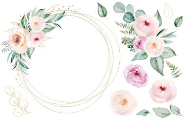 Round frame made of light pink watercolor flowers and light green leaves illustration, isolated. Pastel floral elements for romantic wedding stationery and greetings cards