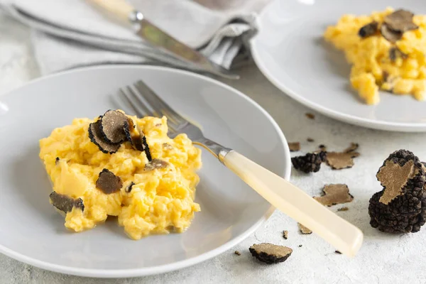 Scrambled Eggs Sliced Fresh Black Truffles Italy Served Plate Fork — Stock Photo, Image