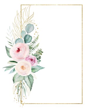 Vertical rectangular Frame with light pink watercolor flowers and light green leaves bouquet,  isolated illustration. Pastel floral elements for romantic wedding stationery and greetings cards