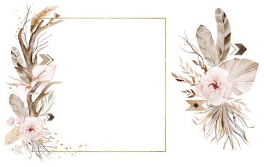 Golden square frame and bouquets with Watercolor deer antlers and tropical leaves and flowers isolated illustration. Beige pastel Boho or ethnic elements for wedding stationery