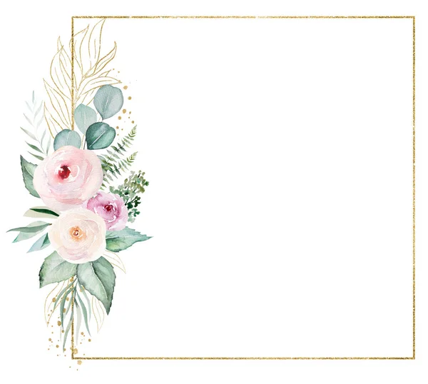 淡いピンクの水彩花と薄緑色の葉の花束とスクエアフレーム 孤立したイラスト ロマンチックな結婚式の文房具や挨拶カードのためのパステルの花の要素 — ストック写真