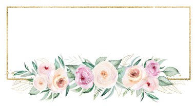 Açık pembe suluboya çiçekleri ve açık yeşil yapraklı buketi olan yatay çerçeve, izole illüstrasyon. Romantik düğün kırtasiyesi ve tebrik kartları için pastel çiçekleri