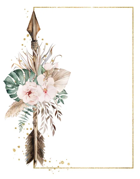 Arany Keret Akvarell Nyíl Trópusi Levelek Virágok Elszigetelt Illusztráció Bézs — Stock Fotó