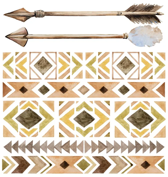 Aquarel Bruin Beige Tribal Geometrische Patronen Pijlen Geïsoleerde Illustratie Aardse — Stockfoto