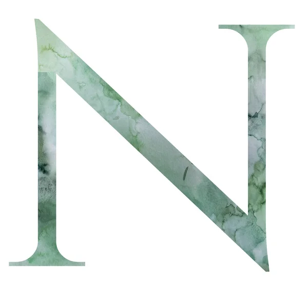 水彩スプラッター付きの緑の文字N 孤立したイラスト 手描きのアルファベット緑の結婚式の文房具のための要素 — ストック写真