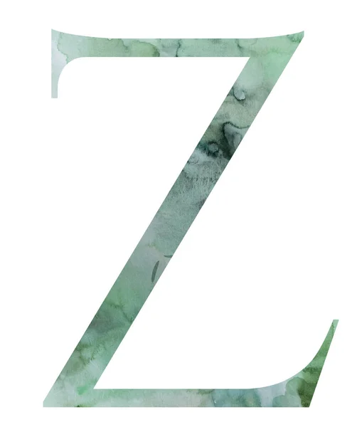 緑の文字Zwith水彩スプラッター 孤立したイラスト 手描きのアルファベット緑の結婚式の文房具のための要素 — ストック写真