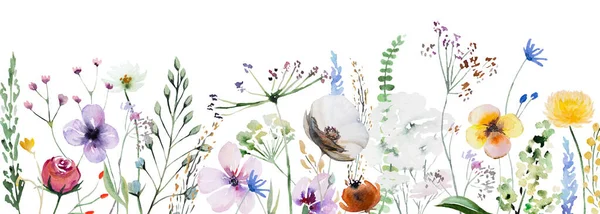 Okraj Barevných Akvarelů Divoké Květiny Listí Ilustrace Izolované Zahradní Květinový — Stock fotografie
