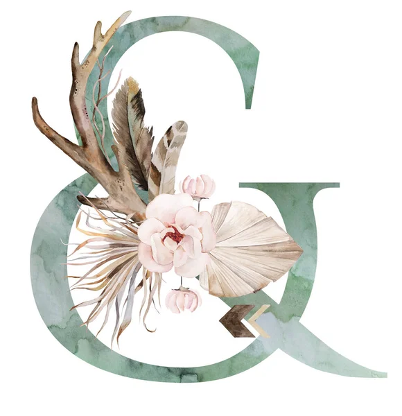 Watercolor Green Symbol Ampersand Brown Antlers Beige Tropical Flowers Feathers — Stock Photo, Image