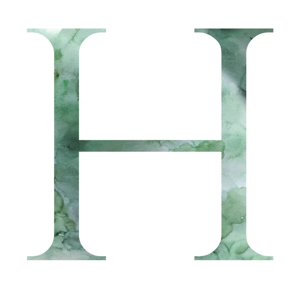 带有水彩斑斓的绿色字母H 孤立的插图 绿色婚礼文具用手绘字母元素 — 图库照片