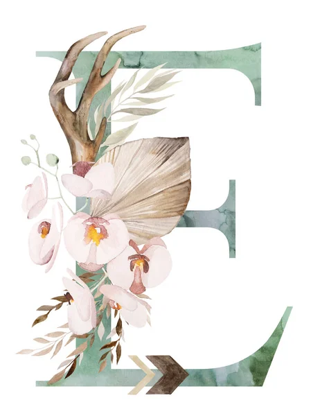Watercolor Green Letter Brown Antlers Beige Tropical Flowers Dried Palm — Stock Photo, Image