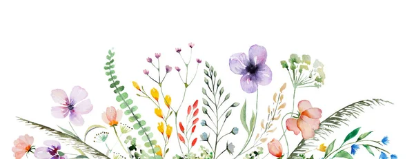 Border Made Colorful Watercolor Wildflowers Leaves Illustration Isolated Garden Floral — Stock Photo, Image