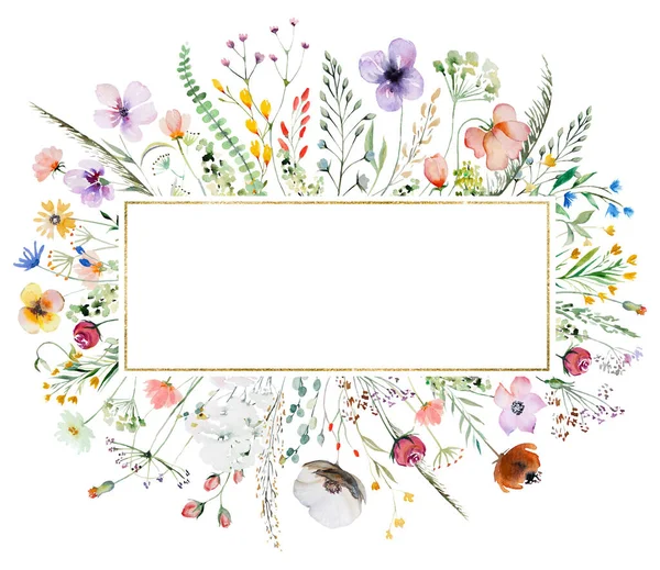 Arany Keret Színes Akvarell Vadvirágok Levelek Illusztráció Elszigetelt Kerti Virágos — Stock Fotó