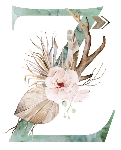 Akvarel Zelené Písmeno Hnědými Parohy Béžové Tropické Květiny Peří Sušené — Stock fotografie
