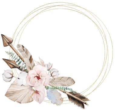 Yuvarlak Altın Çerçeve, suluboya oklar, tropikal yapraklar ve çiçeklerle izole edilmiş resimler. Bej rengi pastel Boho ya da düğün kırtasiyesi için etnik öğeler