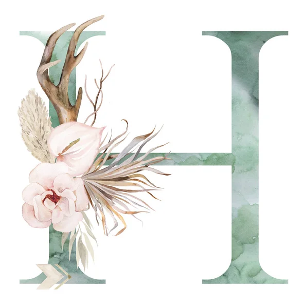 水彩绿字母H 有褐色鹿角 米黄色热带花 干棕榈叶和潘帕斯草 波希米亚字母孤立的插图 Boho和少数民族结婚文具的元素 — 图库照片