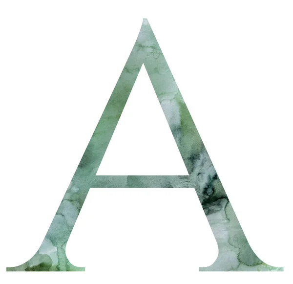 水彩スプラッター付きの緑の文字A 孤立したイラスト 手描きのアルファベット緑の結婚式の文房具のための要素 — ストック写真